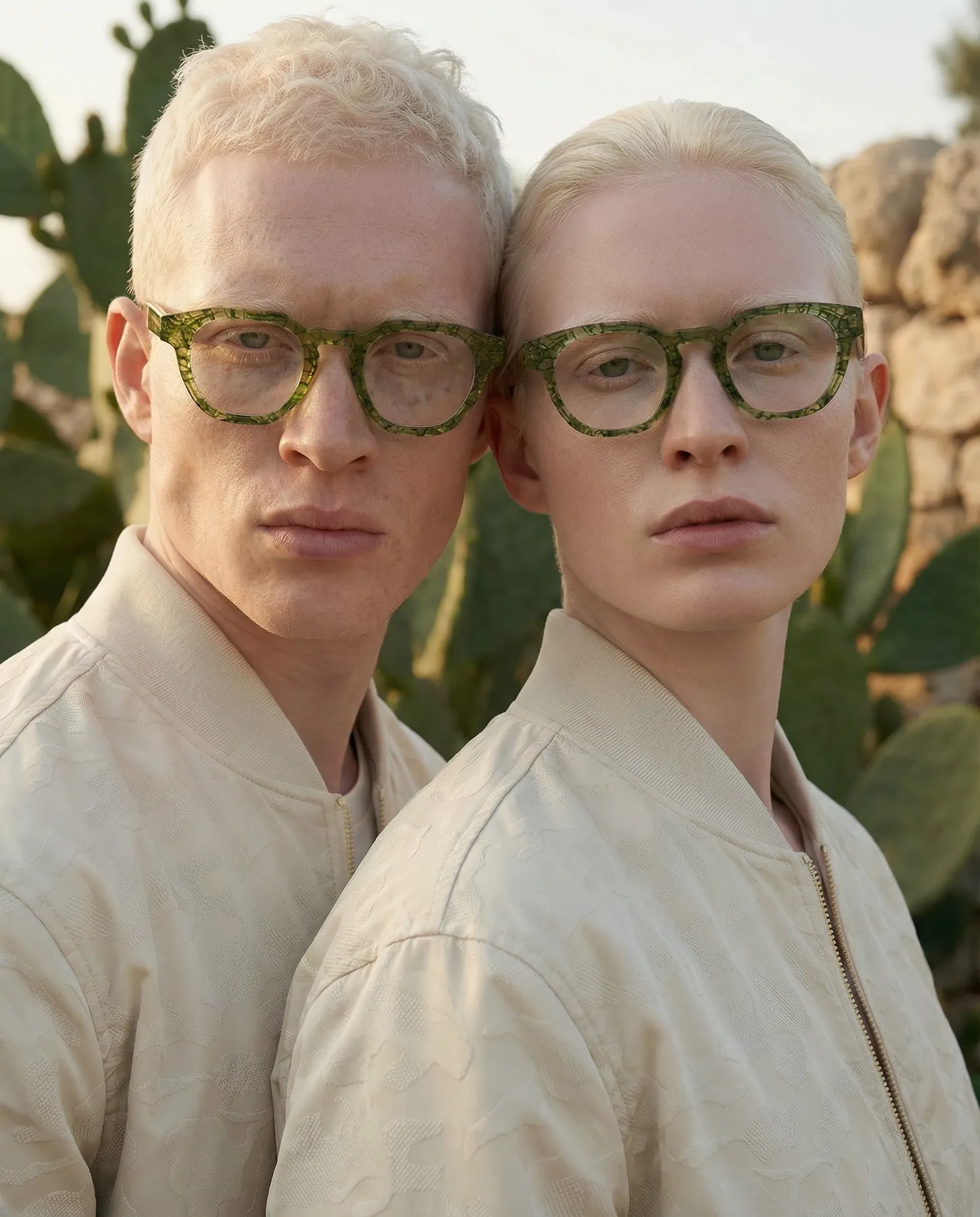 Campagna Ferilli Eyewear: due modelli con montature verdi tra i fichi d'India