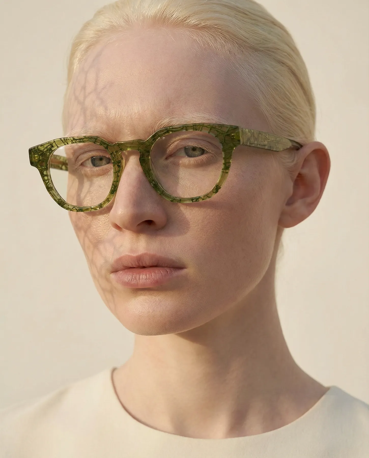 Visual AlyBee: la stessa montatura verde indossata dalla modella